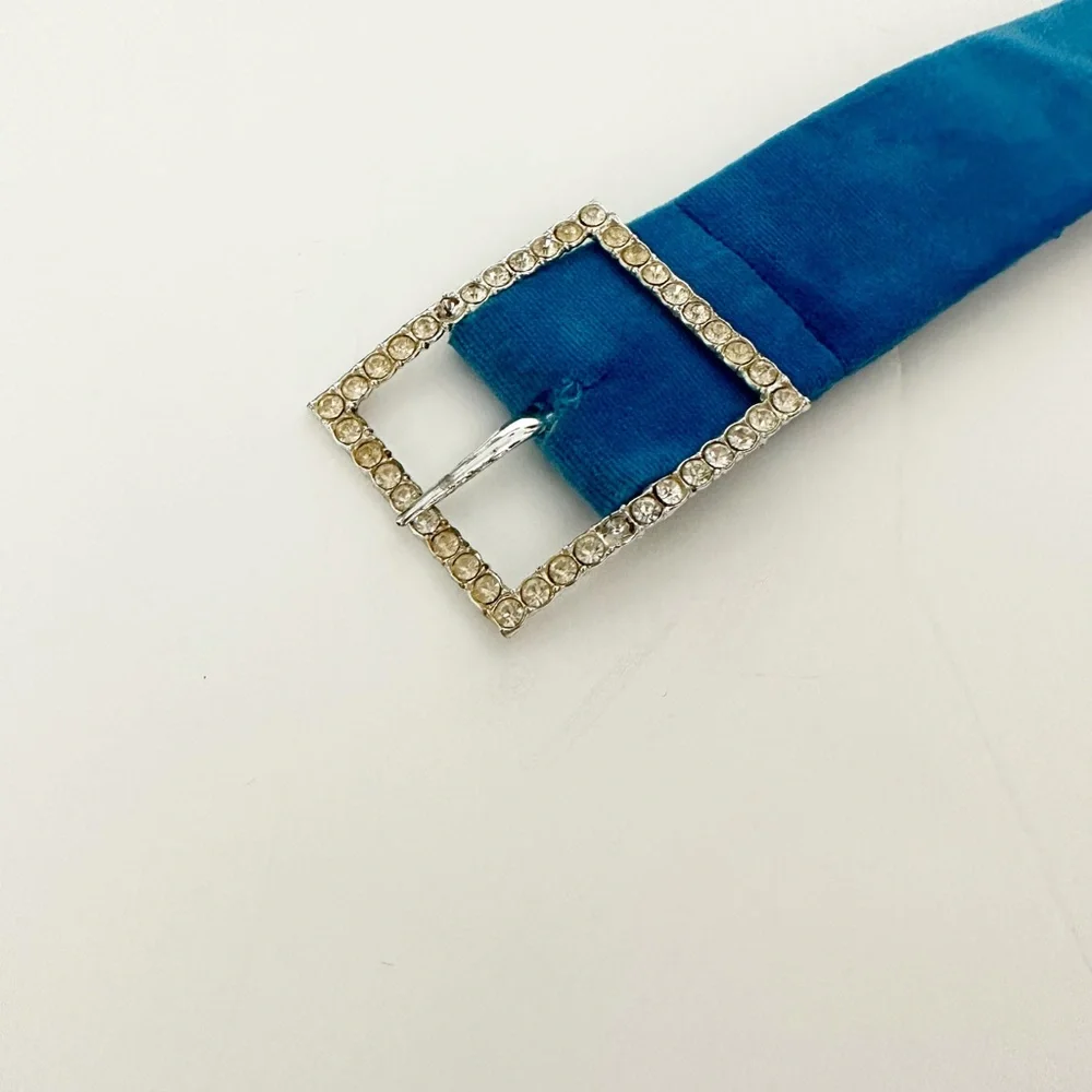 vintage kids handmade BELT blue velvet & rhinestones size unknown length: 27
